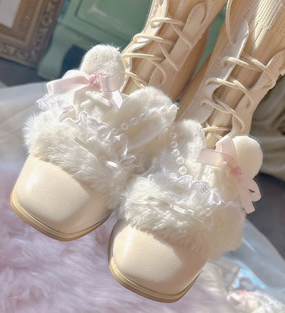 Pinky Rabbit Ears Plush Pearl Knit Coquette Winter Heels Boots Shoes & Lace Balletcore Leg Warmers