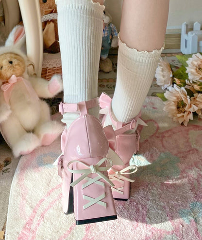 Love Letter Heart Track Lolita Black White Pink Blue Bow High Heels Shoes