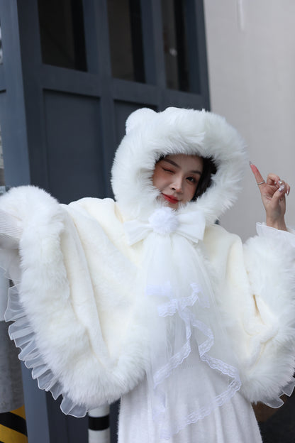 Sweetheart Princess Winter White Polar Bear Ears Fur Hooded Cloak Cape Jacket