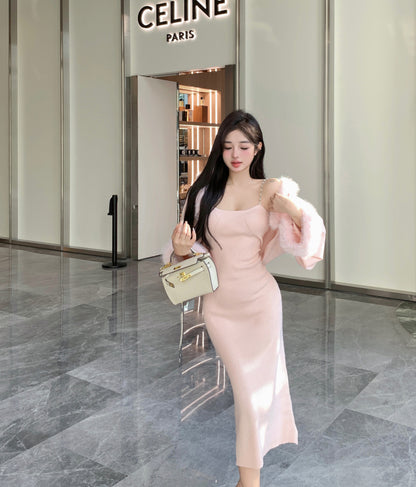 Fall Rose Light Pink Bodycon Strap Long Dress & Fur Jacket Chic Two Piece Set