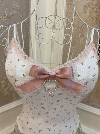 Sweetheart Princess Pink Rim Floral White Camisole Top