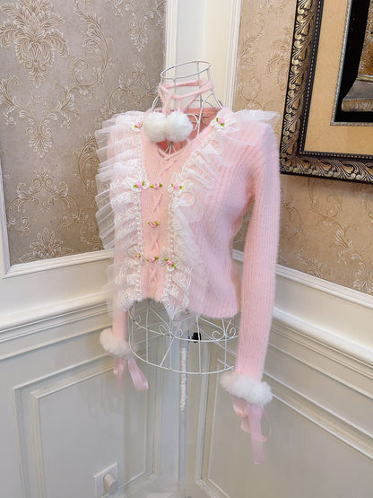 Sweetheart Princess Rose Lace Furball Mohair Plush Pink Knit Sweater