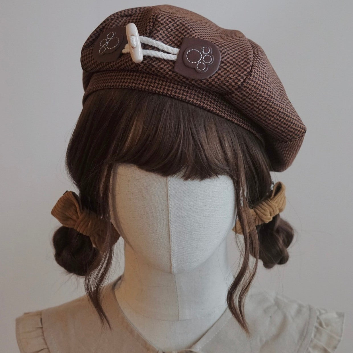 Cute Autumn Fall Handmade Original Knit Bow Brown Houndstooth Beret Hats