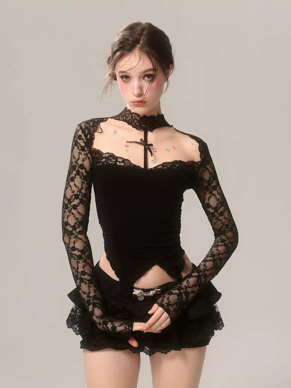 Young Eyes Sultry Halter Neck Black Lace Top & Bloomers Shorts Two Piece