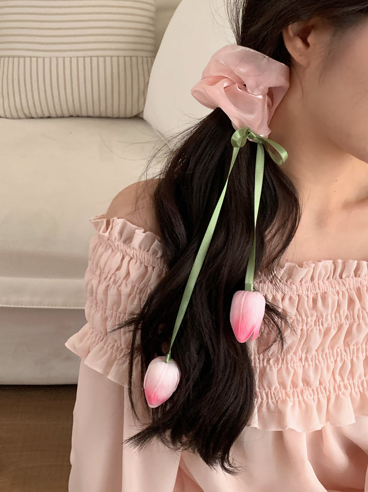 Sweet Tulip Flower Pink Beige Hair Tie Hair Accessories