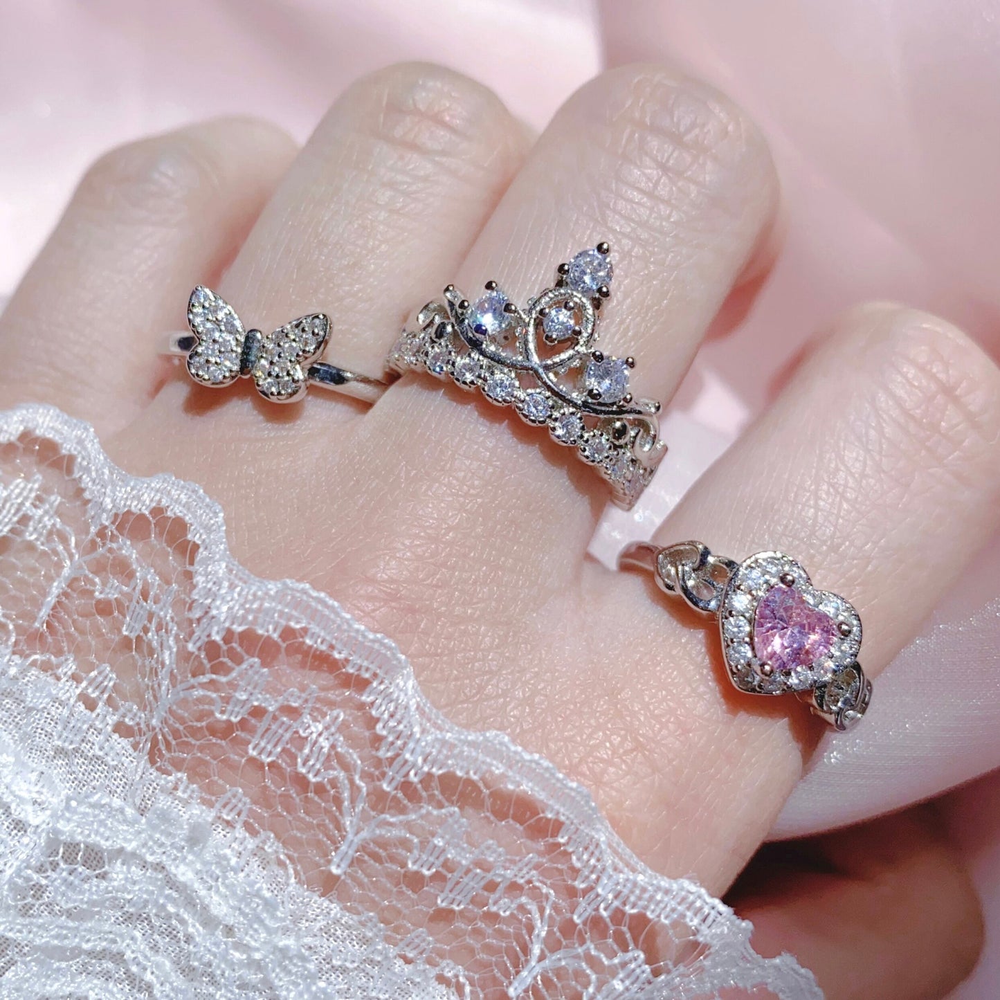 Pink Silver Love Bow Rhinestone Diamond Crown Ring Collection Set Accessories Jewerly