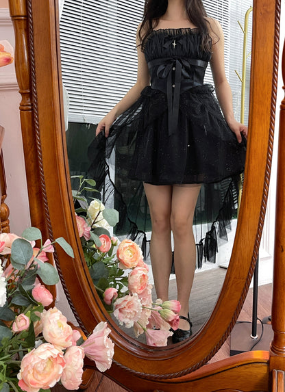 Ruellia Fairy Layered Ruffled Lace White & Black Short Strap Dress