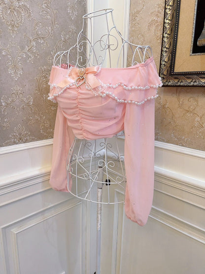 Sweetheart Princess Pink Ruffled Bow Off Shoulder Long Sleeve Shirt