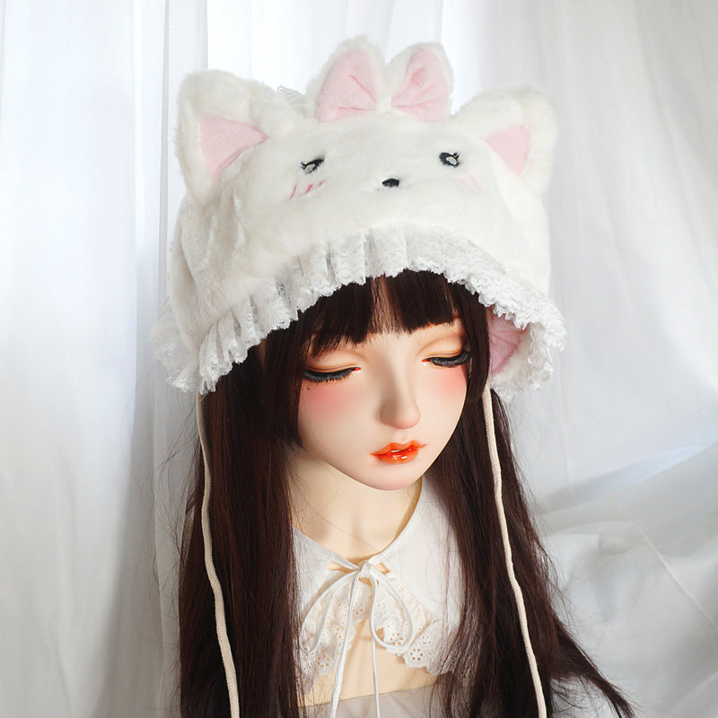 Candy Fairy Winter Cute Lolita Rabbit Cat Bear Ears Plush Lace Handmade Hat