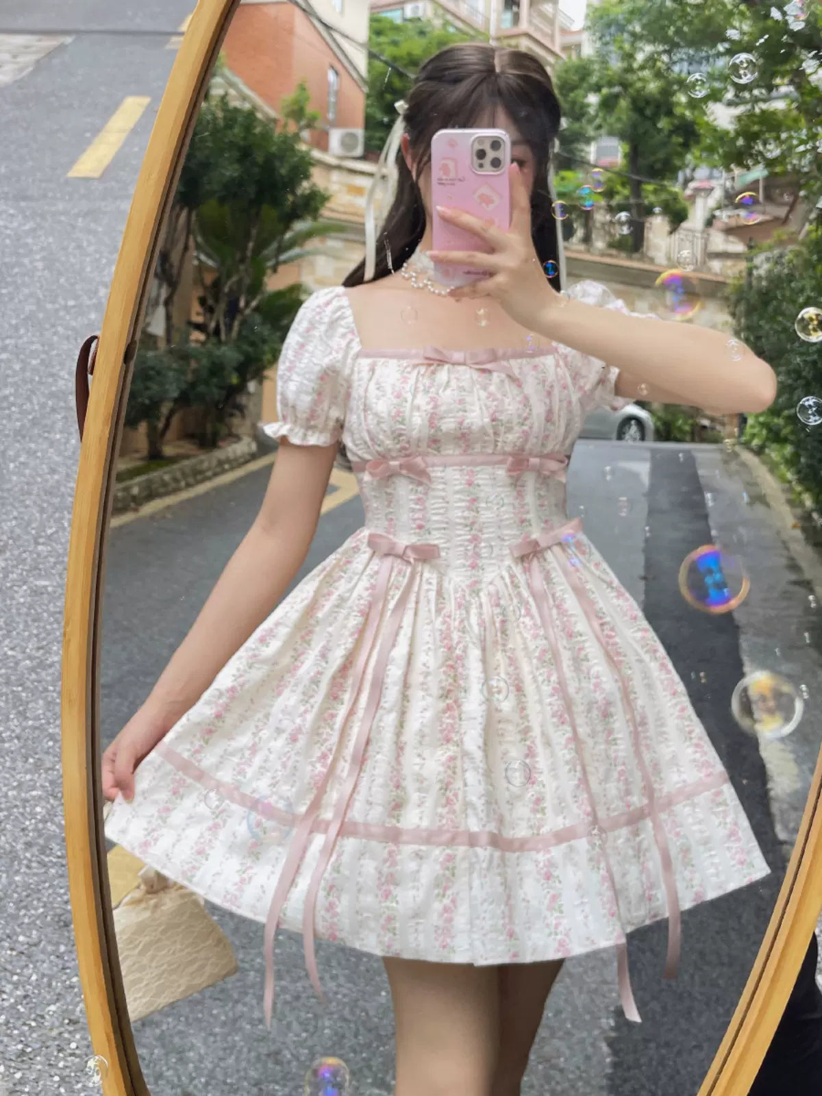 Ruellia Pink Blue Secret Garden Puff Sleeve Dress