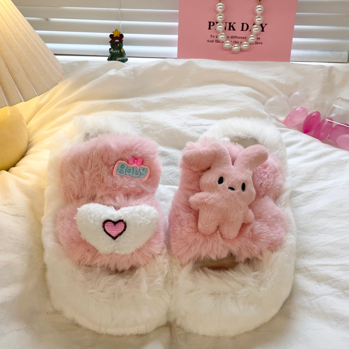 Rabbit Heart Love Decorative Plush Fluff Slippers Shoes