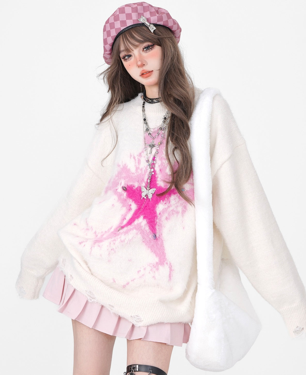 Young Eyes Star Pink Blue Autumn Winter Round Neck Pullover Sweater