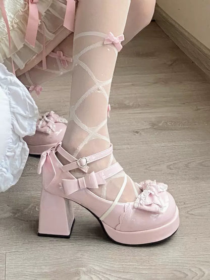 Walpurgis Night Lolita Girl Heart Knot Black White Pink Blue High Heels Shoes