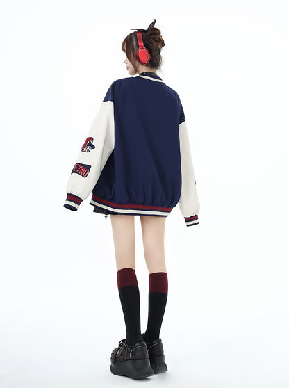 Crazy Girl Navy Blue Retro Baseball Jacket Skirt Two Piece Set