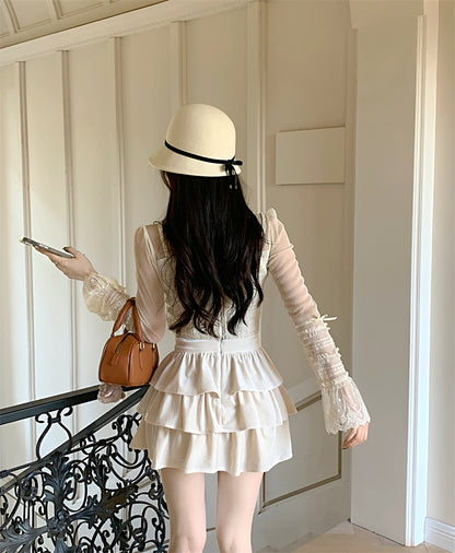 Lazy Girl Moonlight Letter Cream Beige Lace Mesh Shirt Top & Velvet Ruffled Skirt Two Piece Set