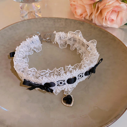 Lace Heart Pendant Pink Black Coquette Necklace Choker Collar