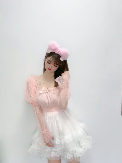 Sweetheart Princess Pink Polka Dot Floral Sheer Trumpet Puff Sleeve Shirt