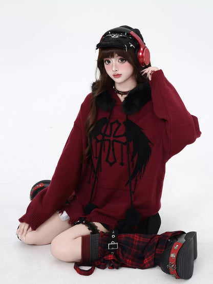 Crazy Girl Twilight Letter Angel Cross Black Red Sweater Hoodie