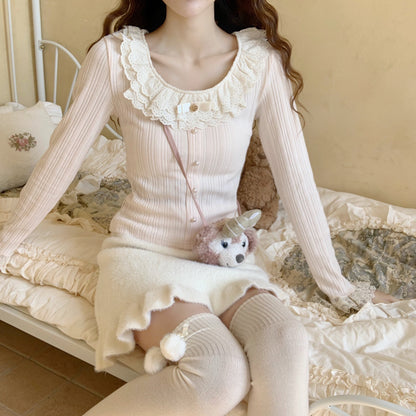 Sweet Pink Blue Cream Coquette Lace Slim Fit Shirt Blouse Top