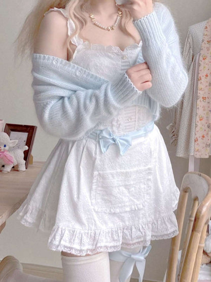 Creamy Sweet Blue Ribbon White Lace Camisole Top & Skirt & Cardigan Three Piece Set