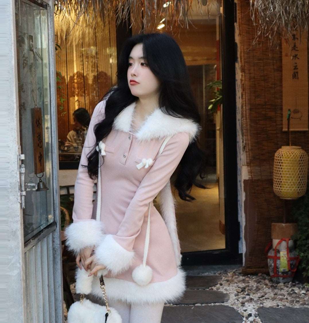 Blue Angel Sweet Rabbit Ears Hooded Fur Edge Pink Knit Dress