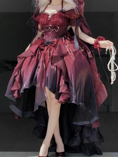 Meow Fruit Rose Pearl Decorated Princess Ruffled Bow Layered Elegant Prom Dress