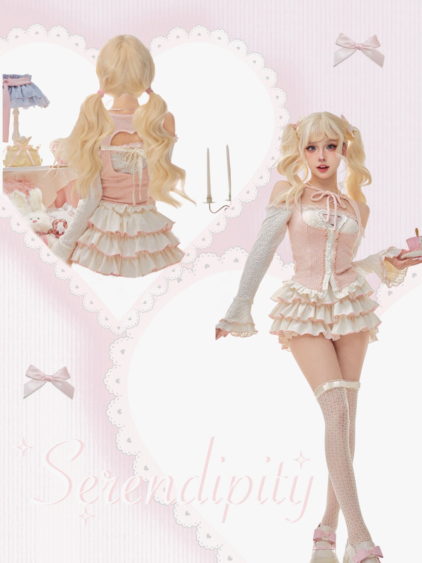 Serendipity Angel Love Coquette Balletcore Pink White Vest Long Sleeve Shirt Skirt Three Piece Set