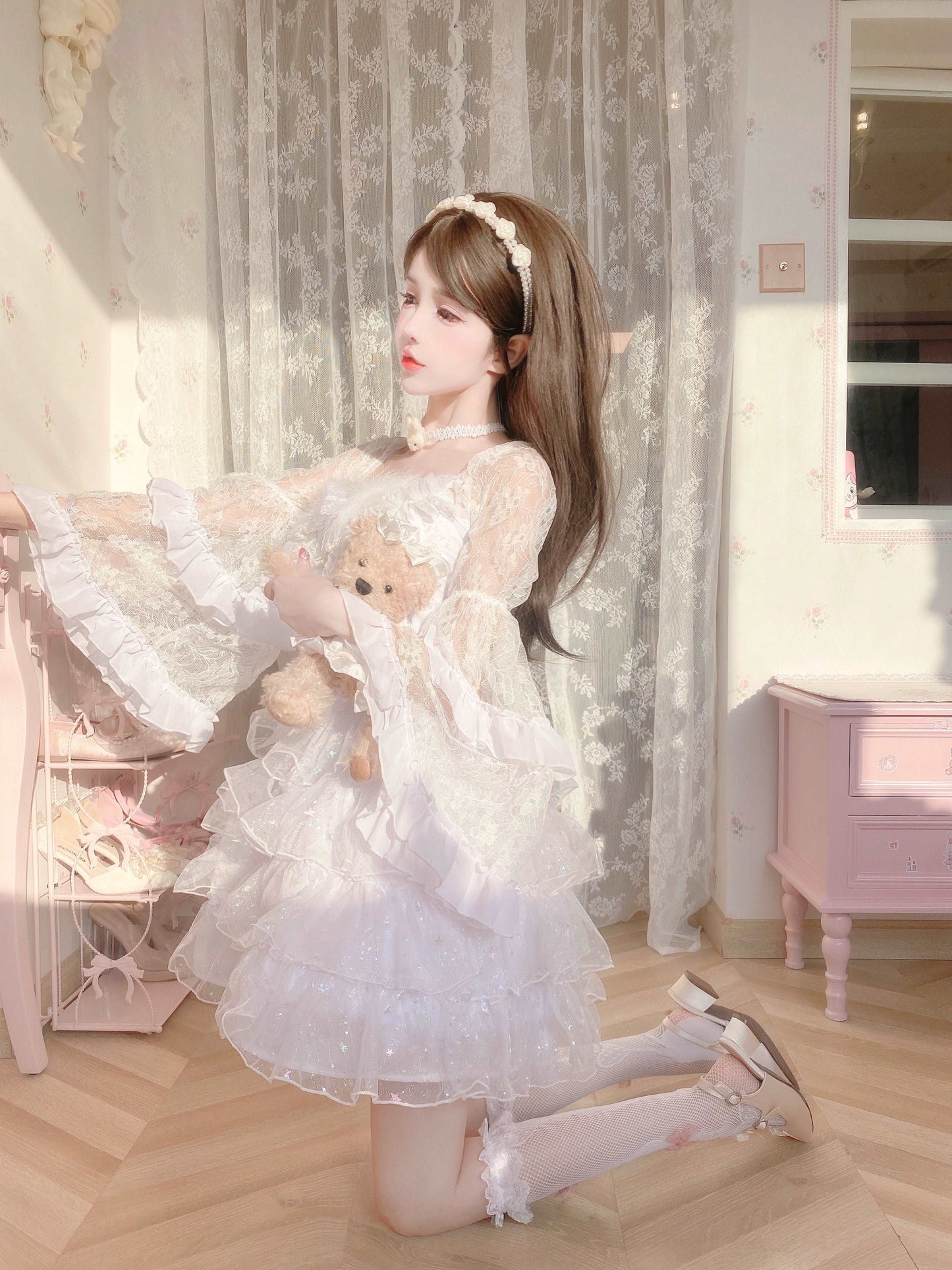 Candy Fairy Feather Fluttering White Angel Princess Ruffled Trumpet Sleeve Dress