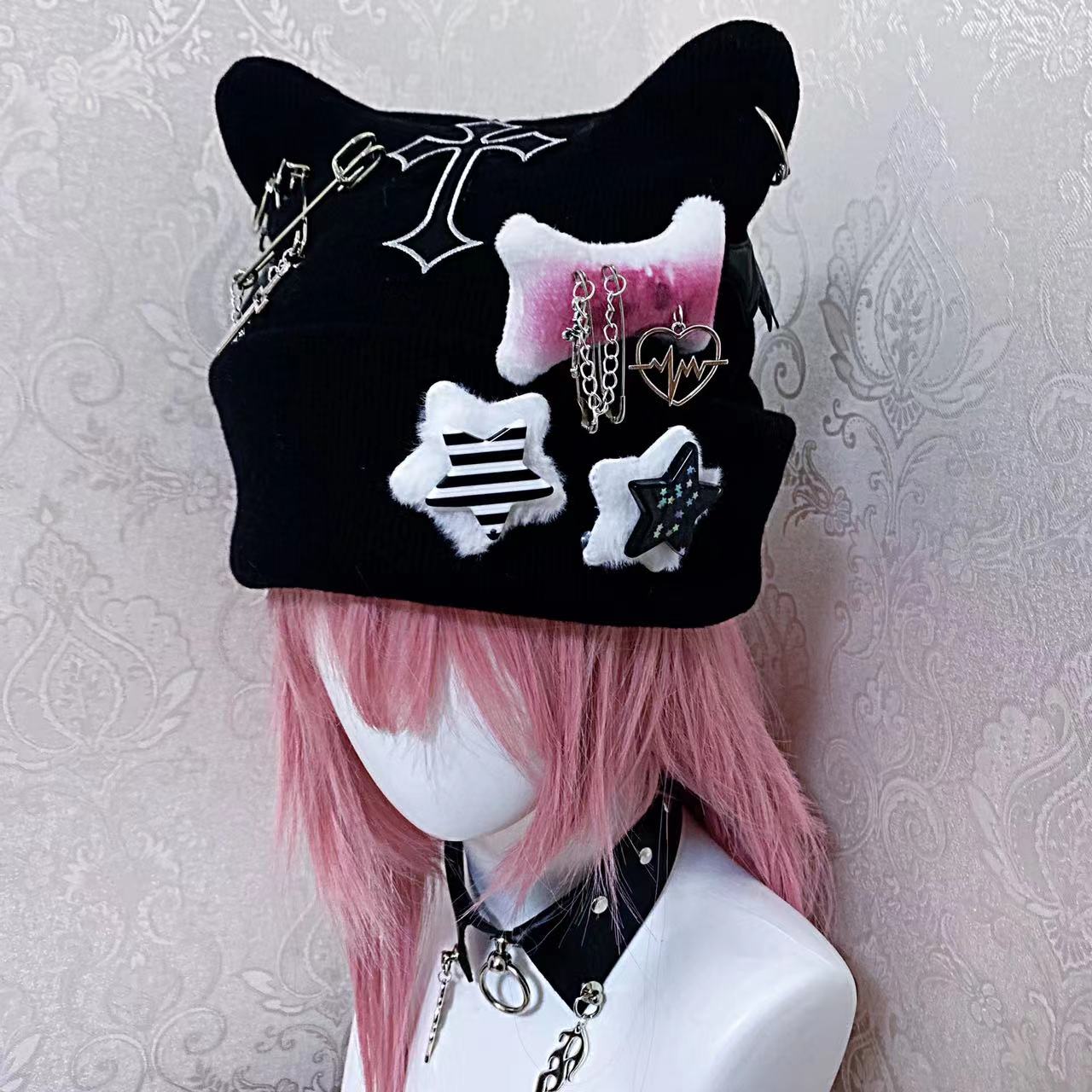 Y2K Goth Punk Handmade Knit Cross Skull Star Bone Cat Ears Winter Hats Beanie