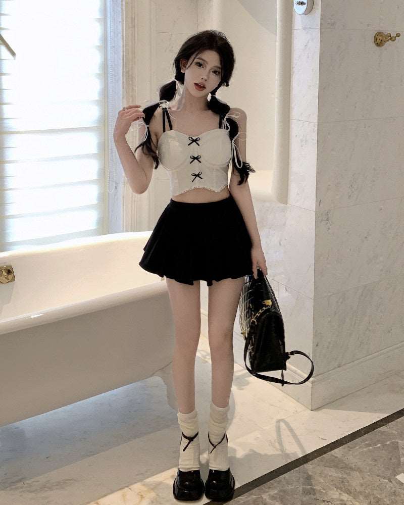 Coquette Doll Lace Three Little Black Bows White Camisole Tank Top