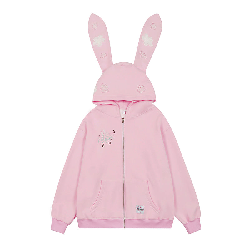 Serendipity Y2K Rabbit Ears Flower Embroidery Hooded Pink Blue Sweatshirt Jacket