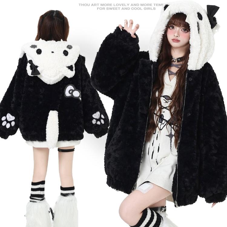 Crazy Girl Plush Party Cat Ears Black White Winter Jacket