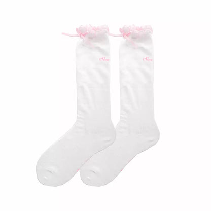 Sweet Bow Lolita Cotton White Pink Blue Calf & Over the Knee Socks