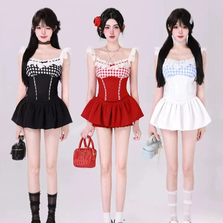 Kiki Little Cherry Red Black Blue Top & Skirt Two Piece Set