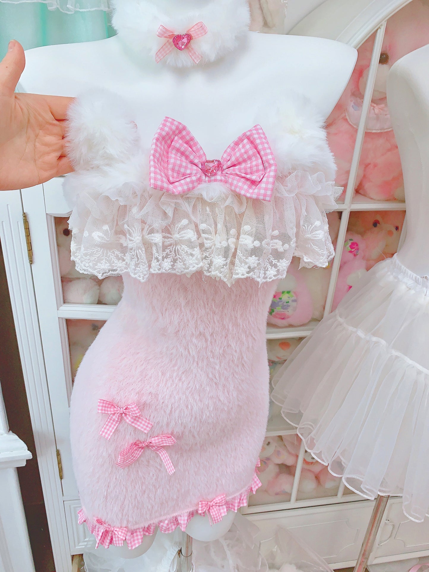 Candy Fairy Plush Pink Bow Cat Ears Fur Cutie Sexy Bodycon Dress