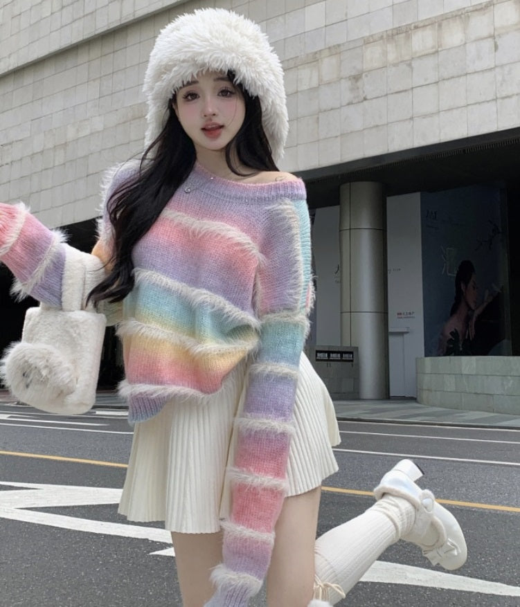 Rainbow Colorful Autumn Round Neck Fuzzy Sweater