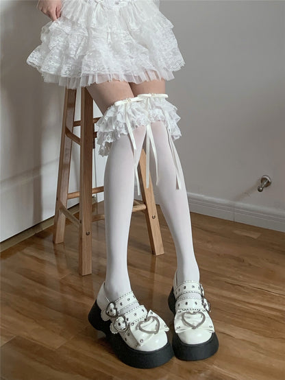 EGL Bow Lace Over Under The Knee Black White Cream Socks