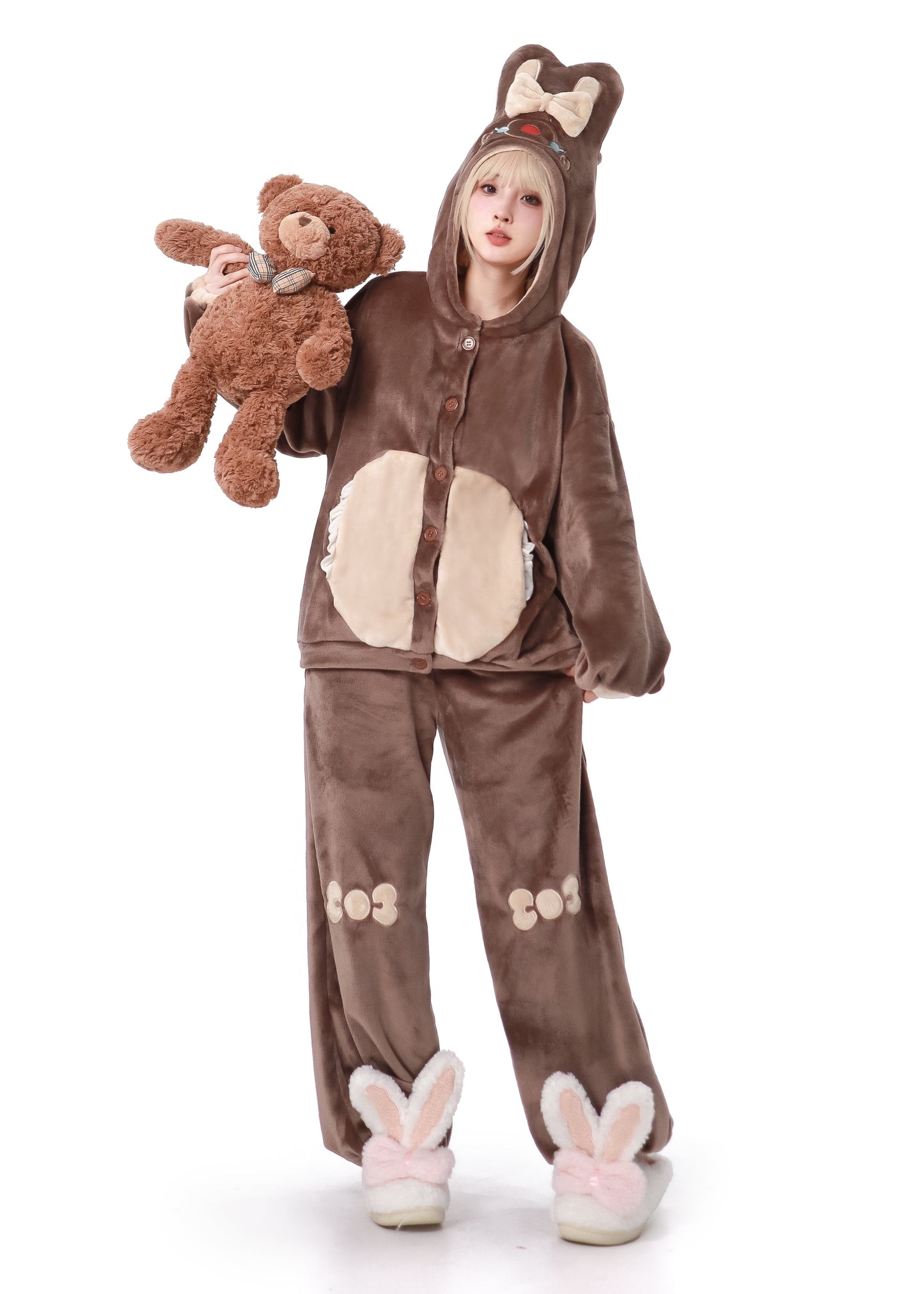 Maiden Park Rabbit Ears White Brown Coral Fleece Winter Pajamas Hooded Tops & Pants Two Piece