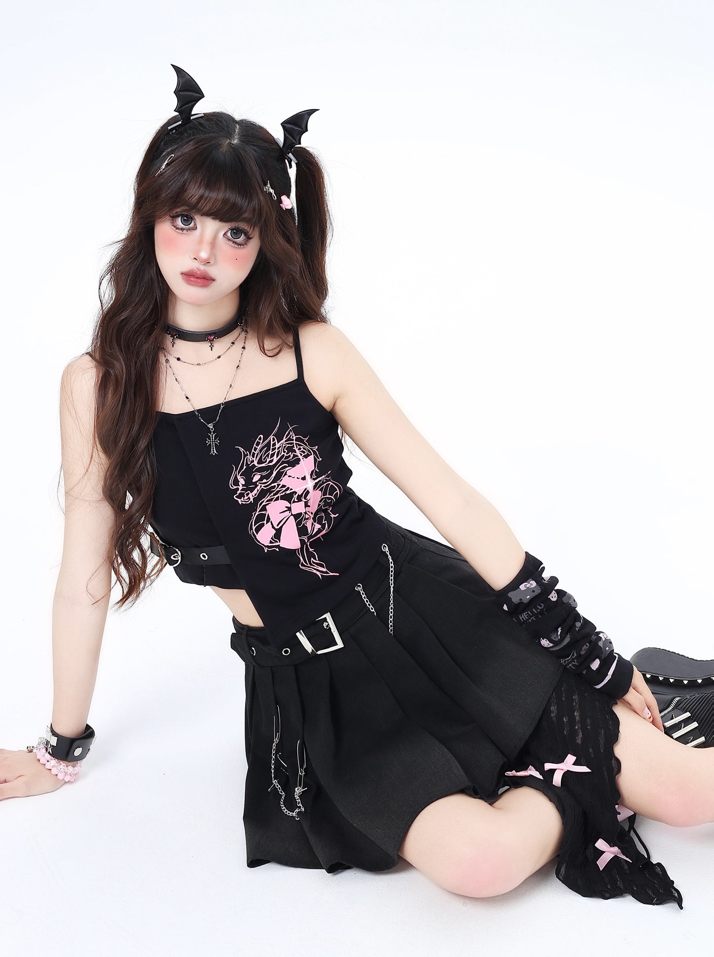 Crazy Girl Black Dragon Bow Camisole Top & Unknown Romance Pleated Skirt Two Piece Set