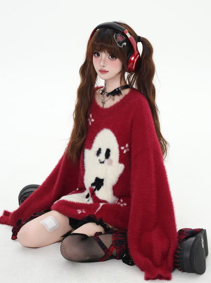 Crazy Girl Ghost Paradise Black Pink Red Striped Fuzzy Sweater Scarf