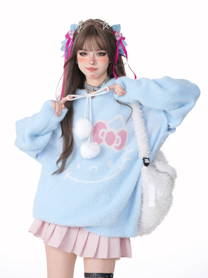 Young Eyes Sweet Kitty Cat Cartoon Pink Blue Fuzzy Hoodie Sweater