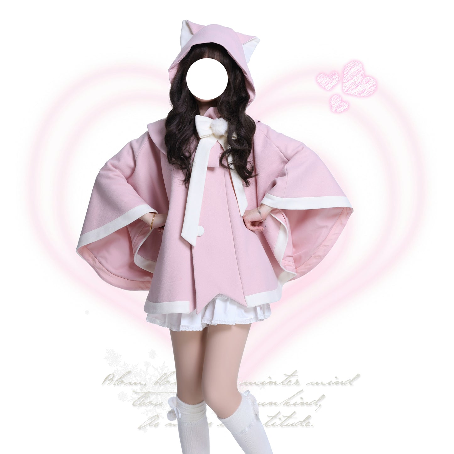 Platycodon Cat Ears Cake Pink Black Wool Cape Coat