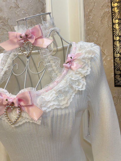 Sweetheart Princess Fantasy Flower White Halter Neck Knit Sweater Top & Pink Skirt Two Piece Set