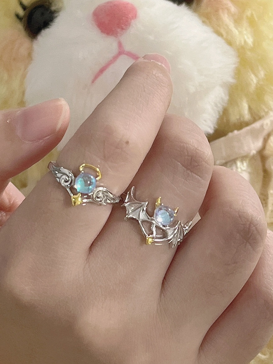 Handmade Angel & Devil Wings Moonstone S925 Silver Couples Ring Accessories