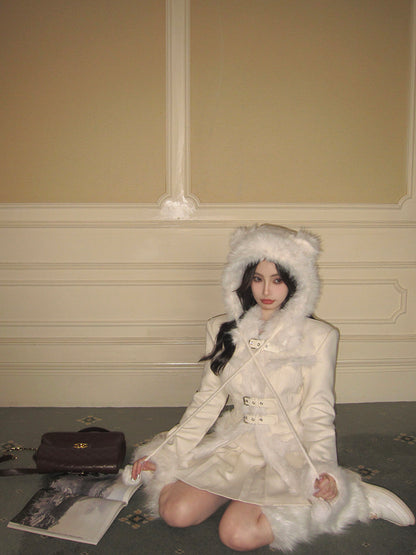 Monet Winter Elegant Chic Snow Love Letter White Fur Suede Jacket Pleated Skirt Two Piece Set