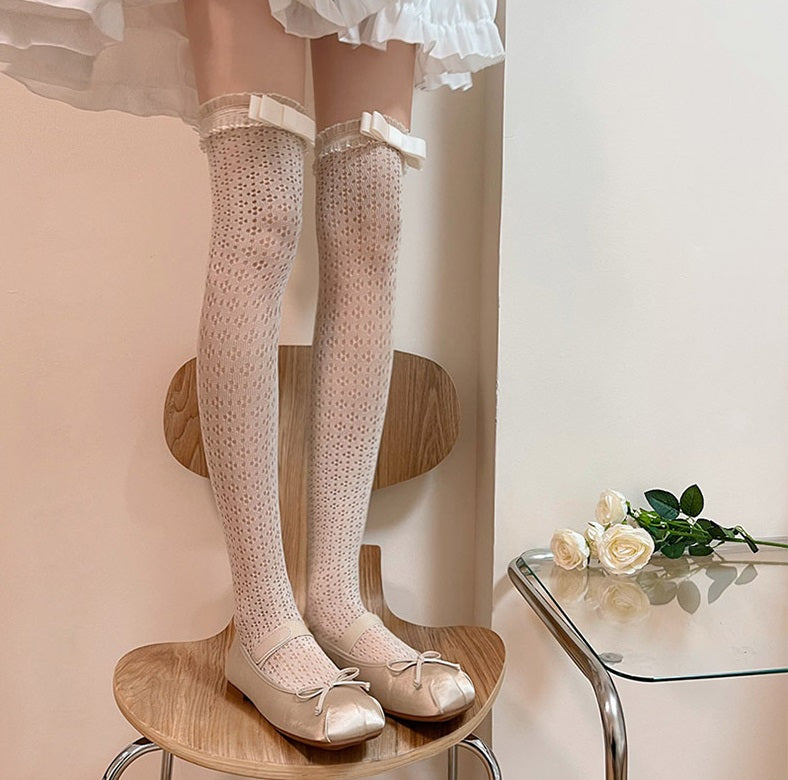 Organza Lace Black White Bow Over The Knee Socks