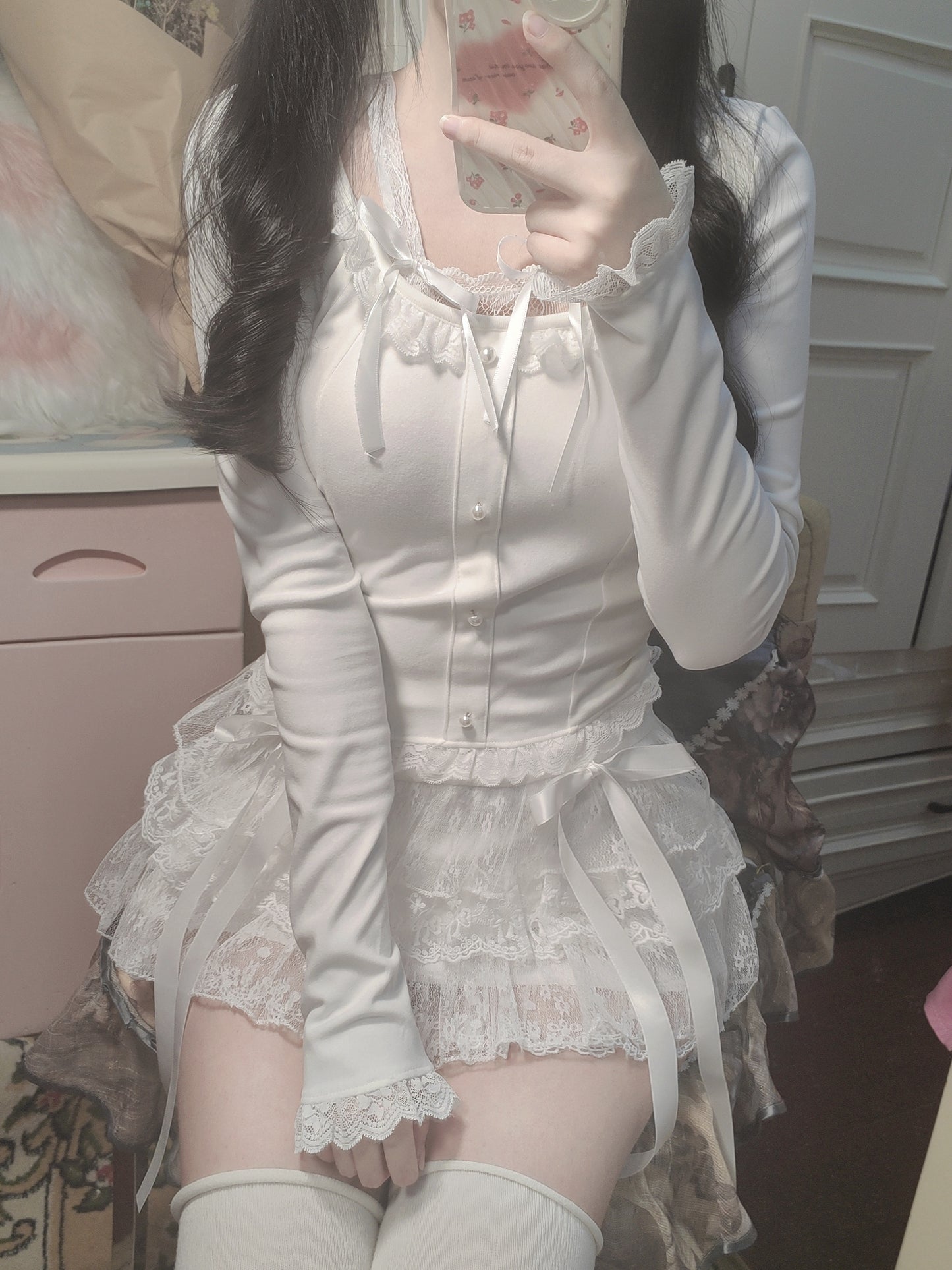 White Bow Lace Coquette Angel Square Neck Shirt Top