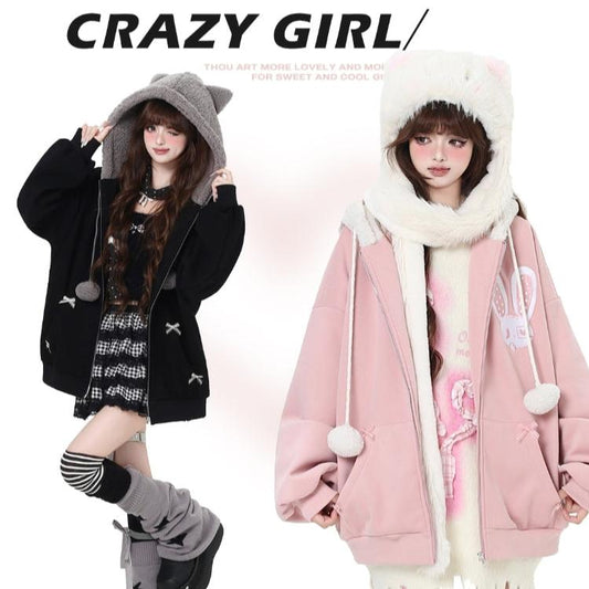 Crazy Girl Cheese Bunny Cat Ears Pink Black Jacket Hoodie