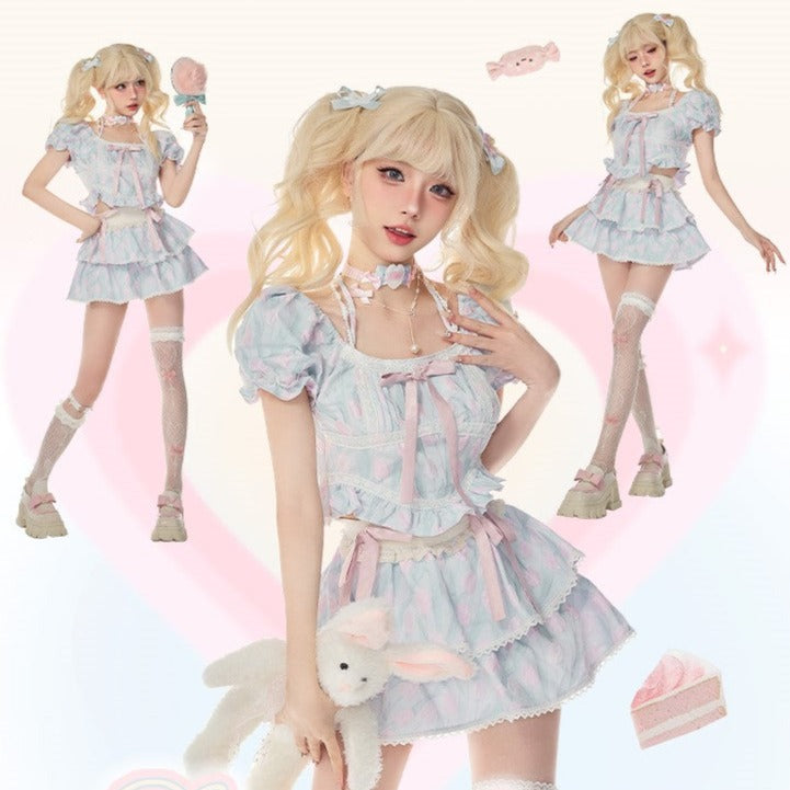 Serendipity Baby Petals Coquette Pink and Blue Bow Decorated Maid Style Blouse Top & Mini Skirt Two Piece Set