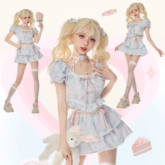 Serendipity Baby Petals Coquette Pink and Blue Bow Decorated Maid Style Blouse Top & Mini Skirt Two Piece Set